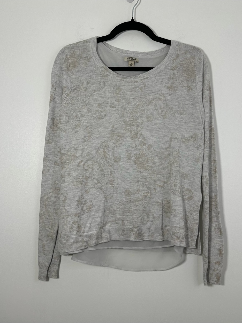 Lucky Brand Women’s Small Gray Floral Layered High Low Long Sleeve Sweater Top